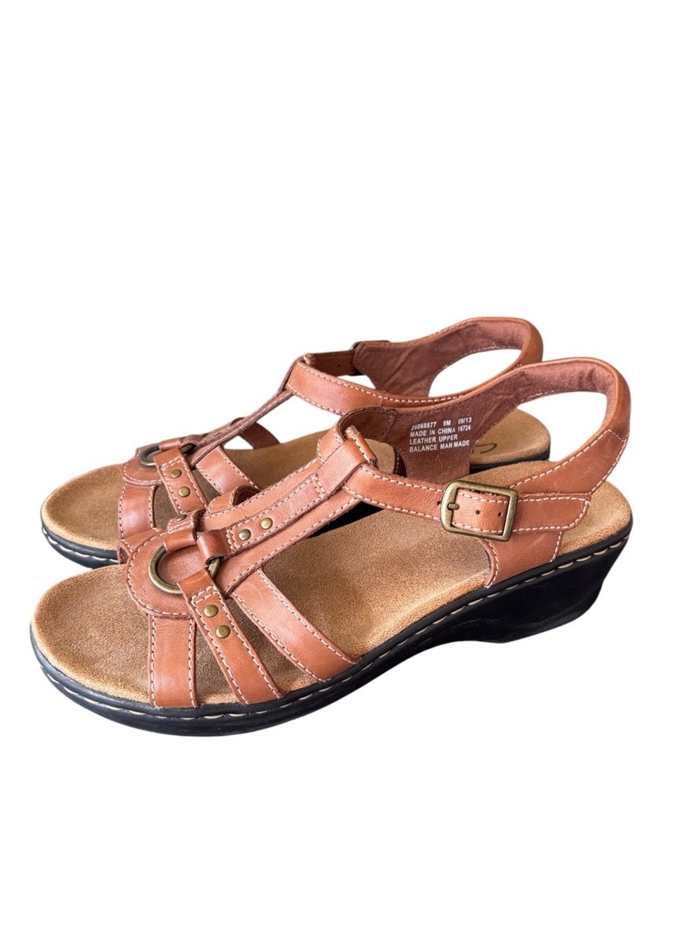 Clarks Brown Leather Wedge Sandal Metallic Accent Size 9